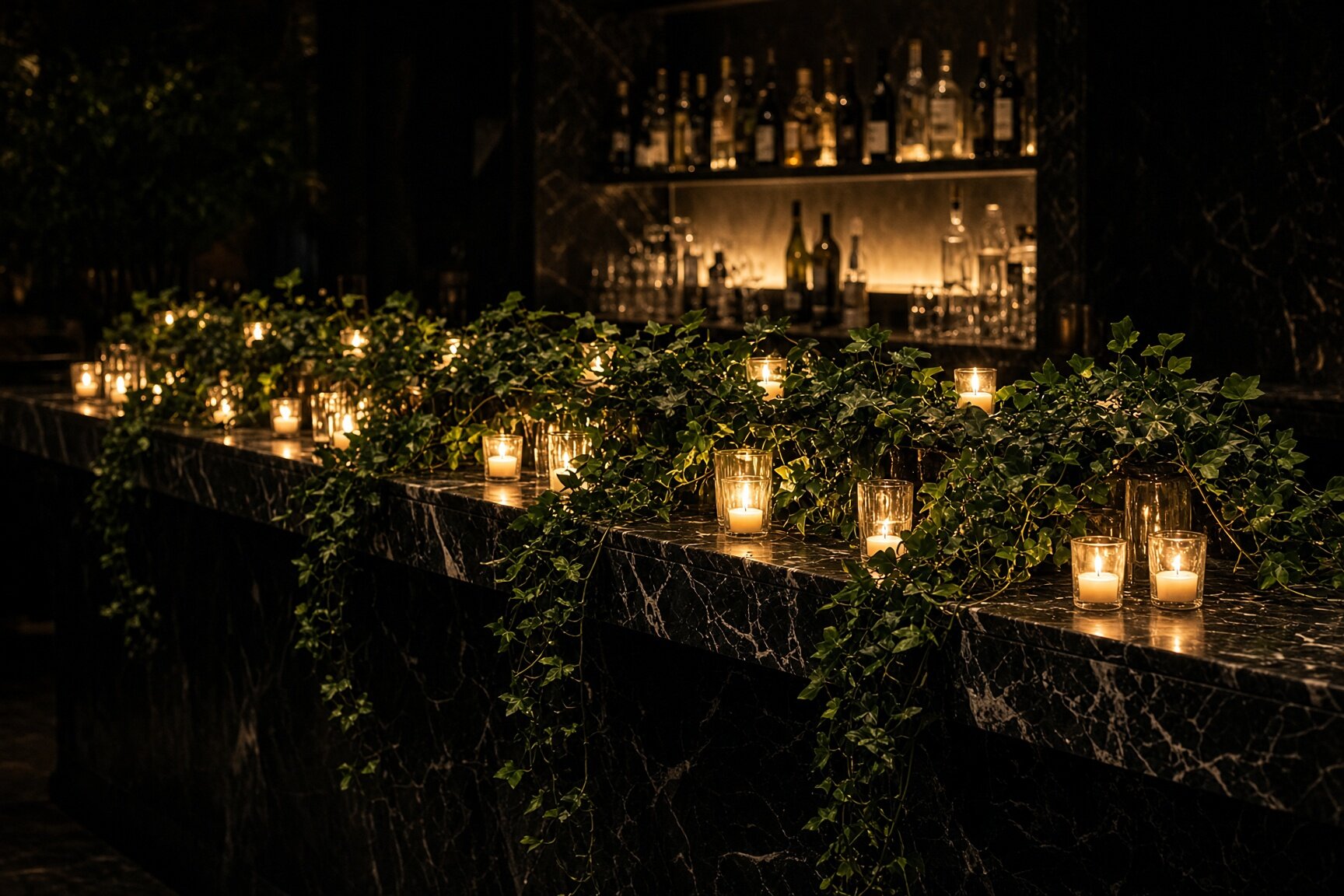 Candlelit bar with ivy in the fictional Bloem gastrobar website study