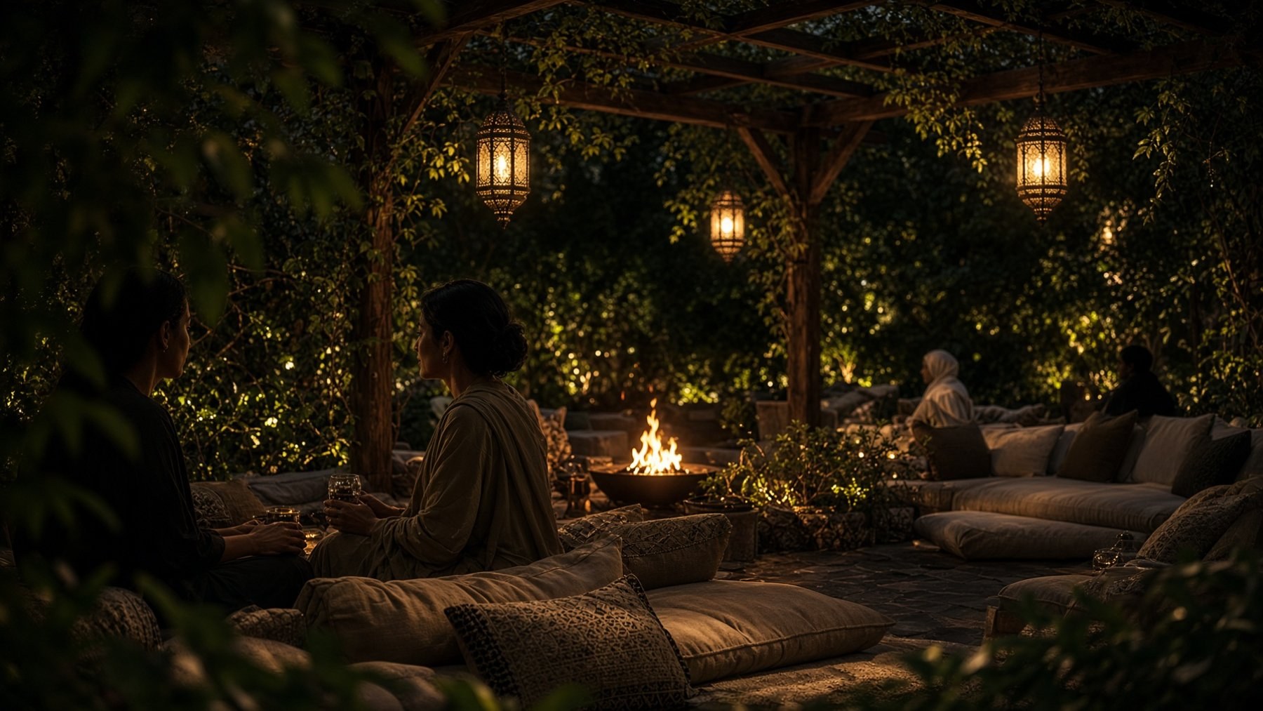 Garden pergola at sunset in the fictional Bustan Al-Noor restaurant website study