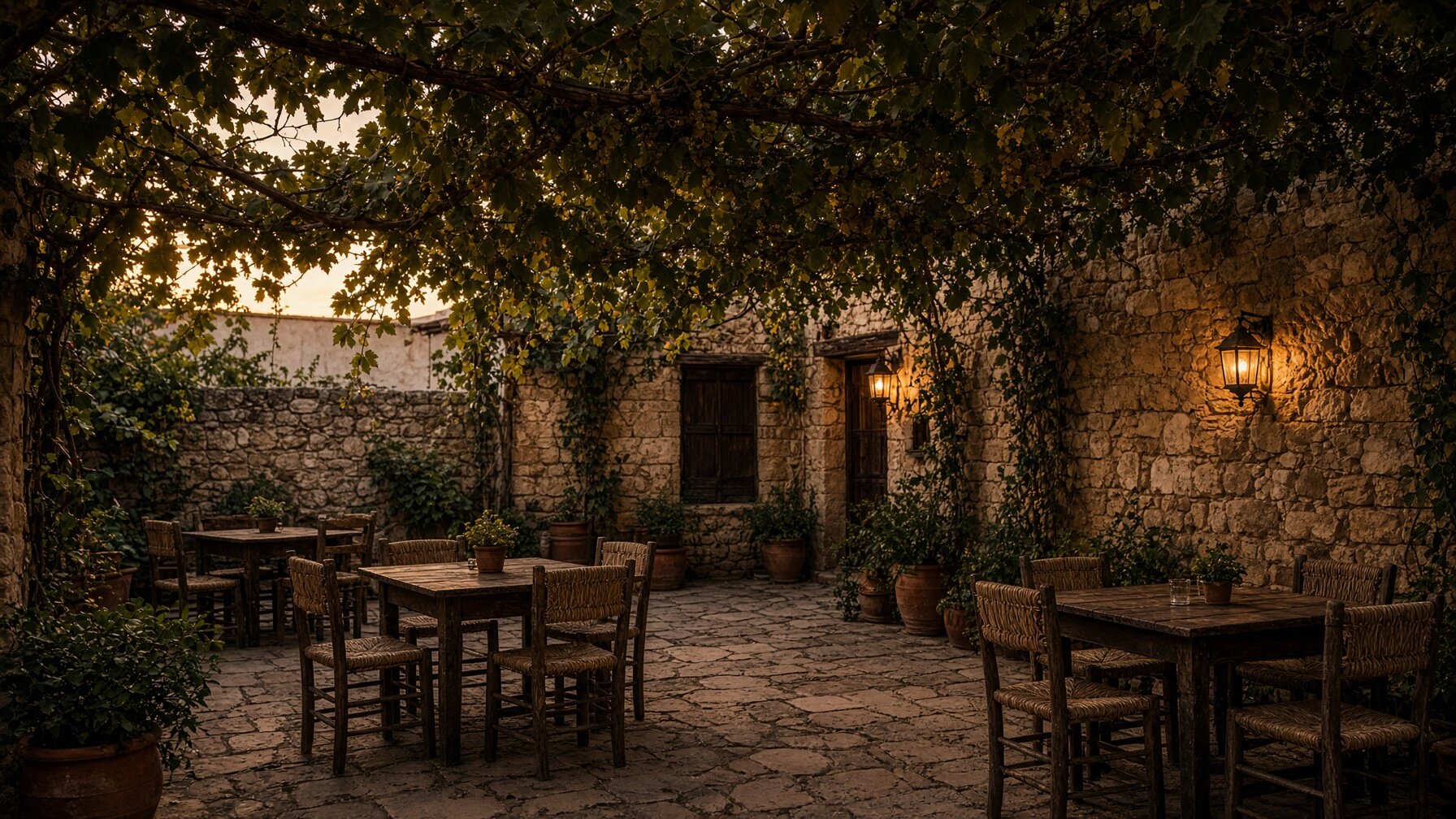 Courtyard dining at dusk in the fictional Klimataria taverna website study