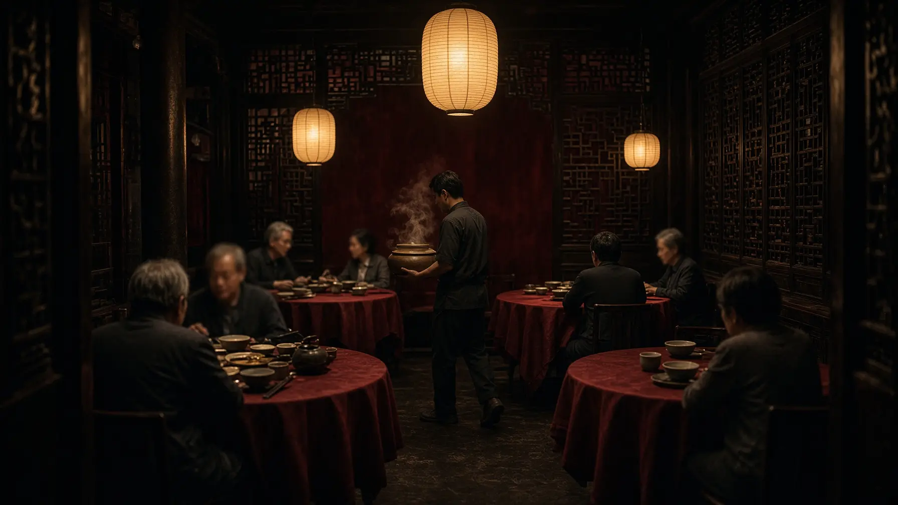 Lantern-lit dining room in the fictional Longting restaurant website study